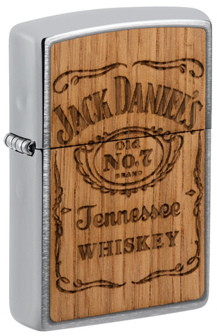Front shot of ˫ Jack Daniel's Woodchuck USA Brushed Chrome Windproof Lighter, standing at a 3/4 angle.